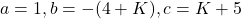 a = 1, b = -(4 + K), c = K + 5